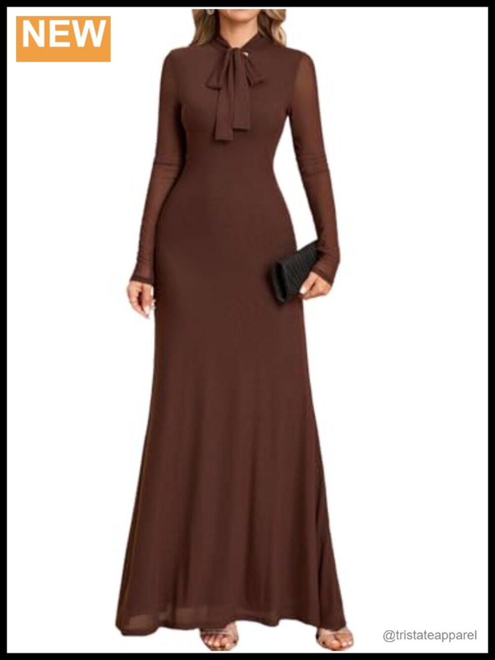 Women's Long Sleeve Bow Tie Neck A-Line Maxi Dress Formal Party